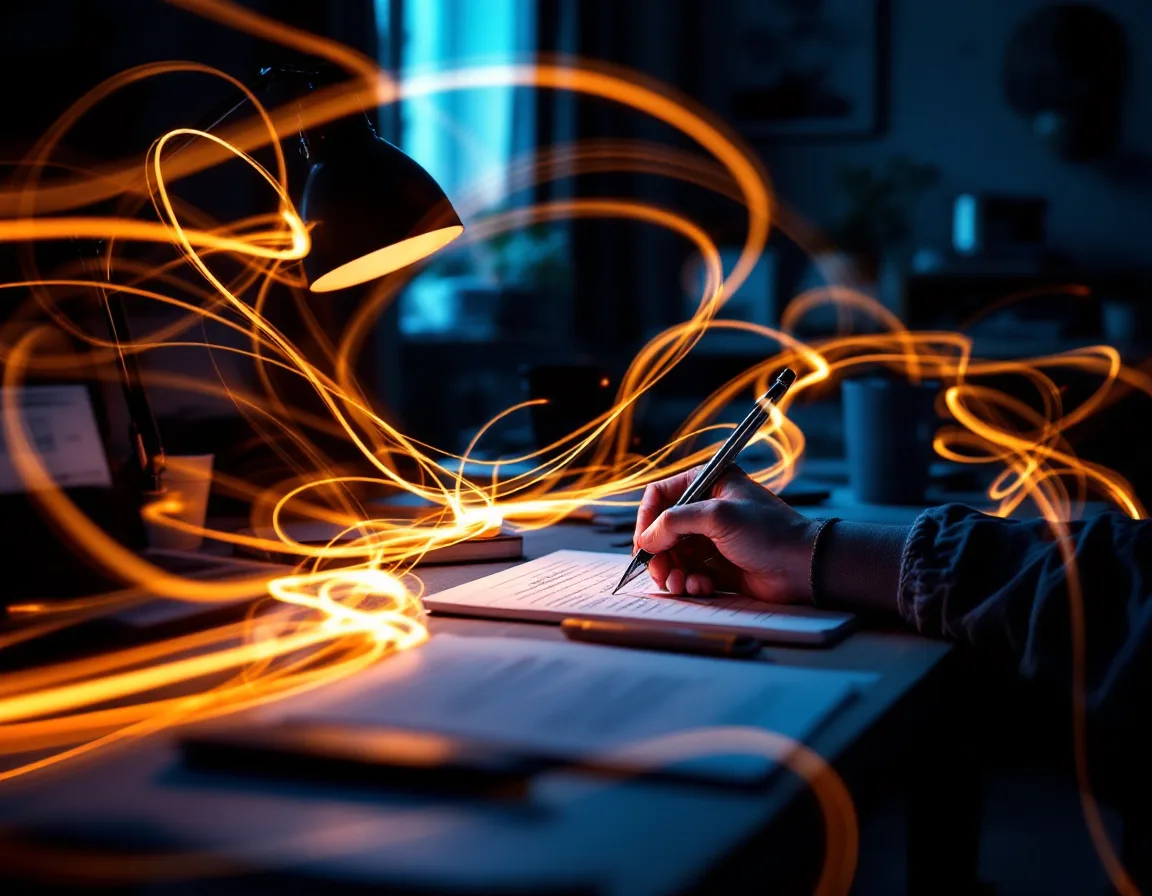 A writer's desk lit by one lamp with soft light trails from a moving pen